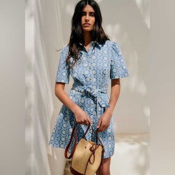 Sézane Gemini Blue Floral Mini Dress Size 38 / US 4 NWOT - Picture 2 of 7